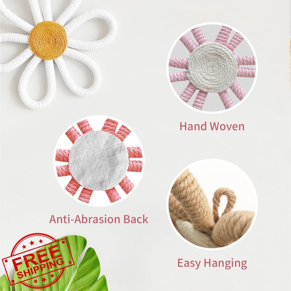 cntjv 6pc Boho Daisy Wall Decor, Pink Floral Macrame Set Mixed Size