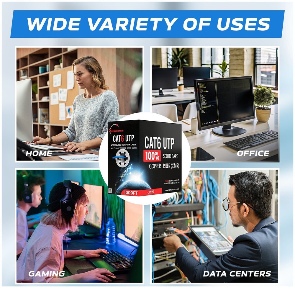 Bulk CAT6 ETL Rated Cable 1000ft 500ft Riser CMR Solid Bare Copper RJ45 Ethernet