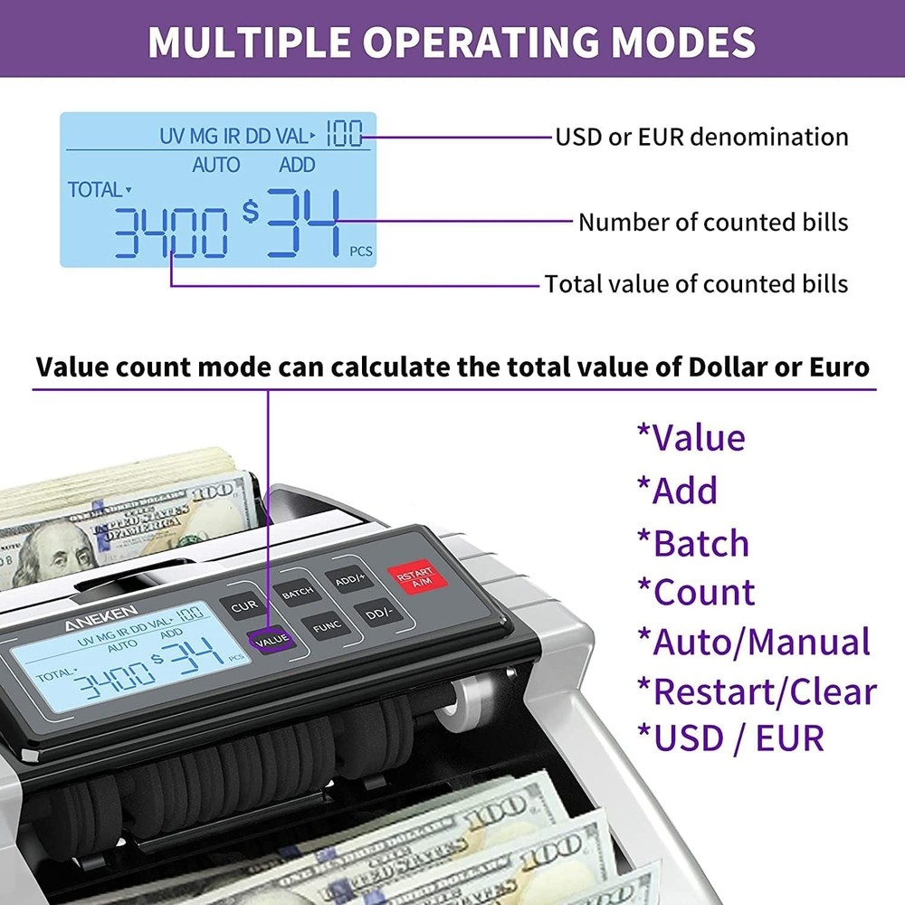 Efficient Money Counting Machine with Add and Batch Functions - Professional Use