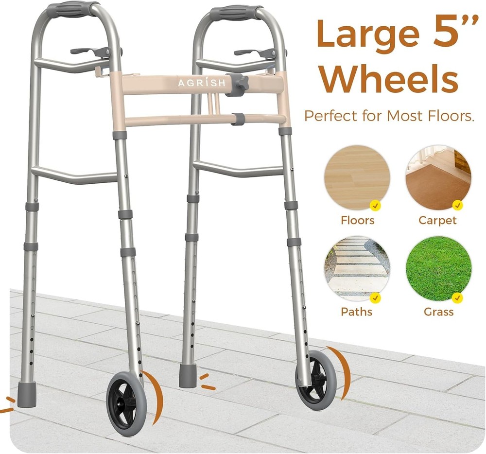 Lightweight Folding Walker Narrow Frame Adjustable Height Width 350lb