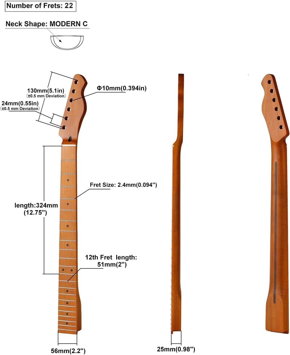 22 Frets Canadian Roasted Maple T-Style Electric Guitar Neck Bone Nut Satin 9.5"