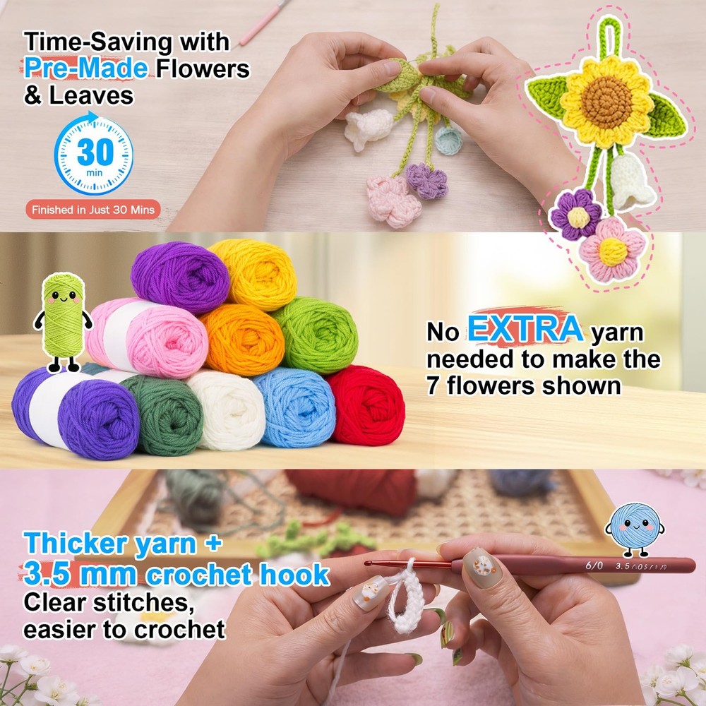 7 Car Hanging Flower Charms Crochet Kit for Beginners with Video Tutorial
