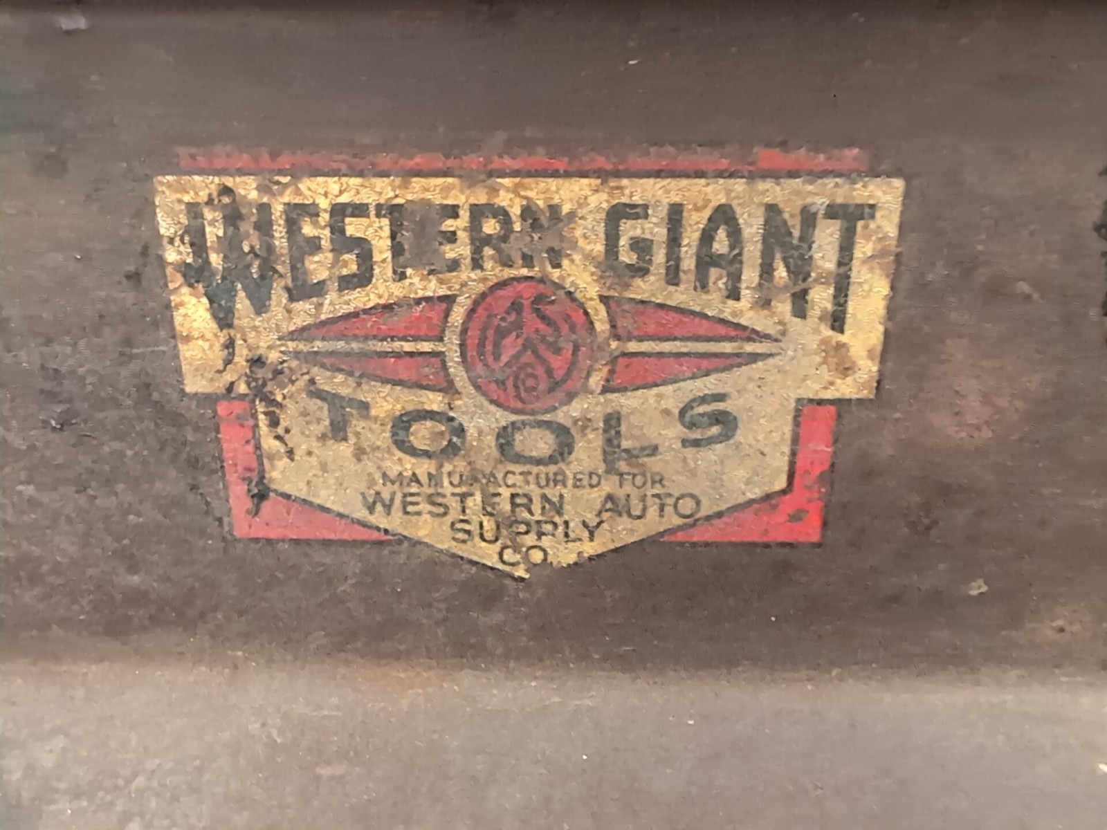 1930s Western Giant Tools Western Auto Supply Tool Box w/ Tray Leather Handle