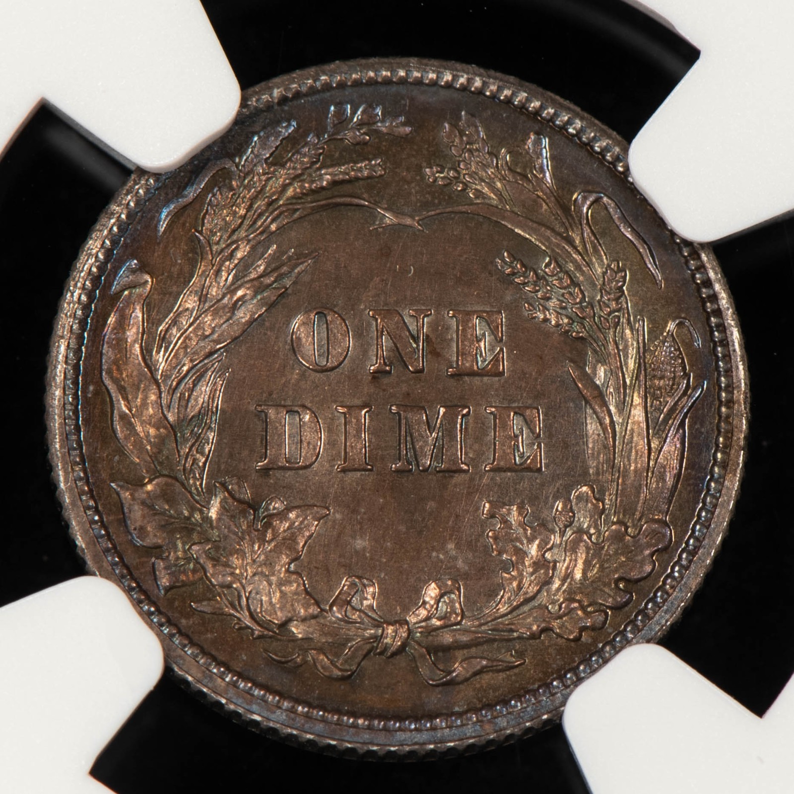 1901 10c Silver Barber Dime Proof Coin - Rainbow Rim Toning - NGC PF 62 - B5636