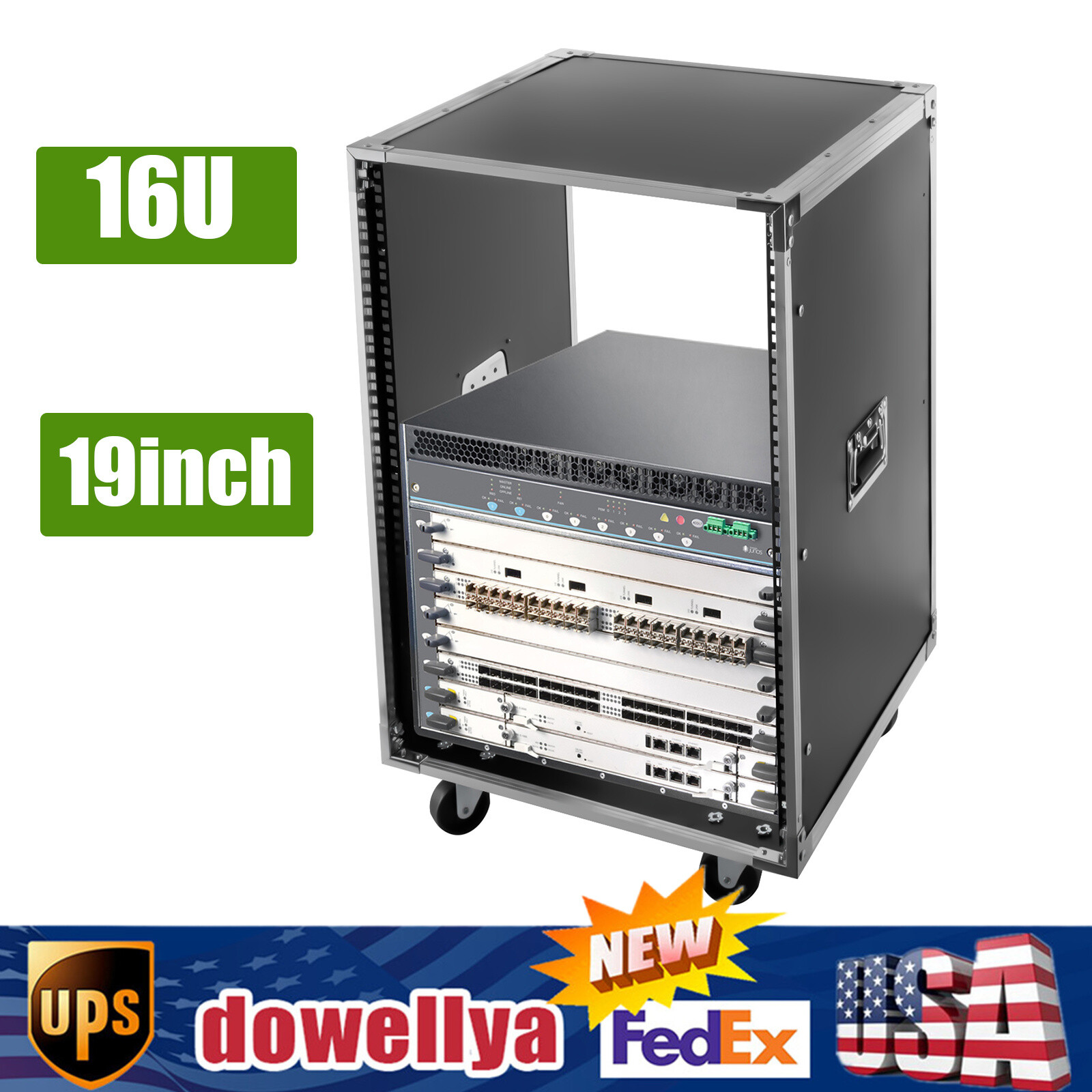 16U Server Rack Open Frame Rolling Network Data Rack 19 inch w/ Casters 4 Post!