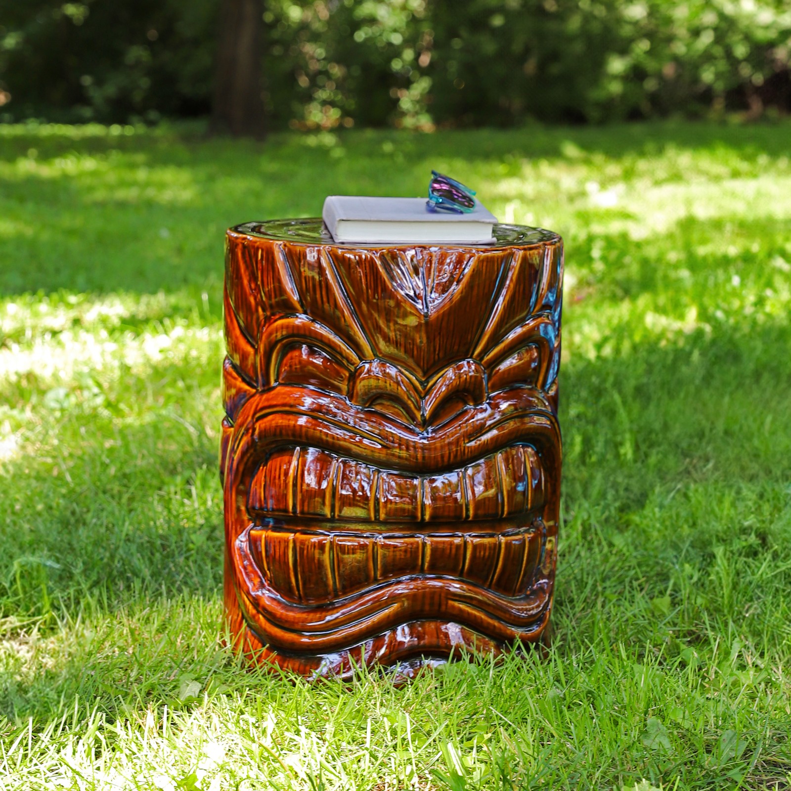Wood-Look Tiki Head Ceramic Garden Stool - 17” by Sunnydaze