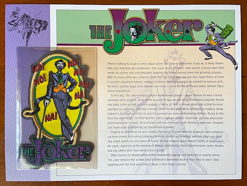 THE JOKER PATCH on INFO CARD ~ from Willabee & Ward ~ DC COMICS PATCH COLLECTION