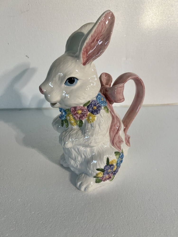 Ceramic White Easter BunnyPitcher Creamer Spring FloralDecor 12 Ounce