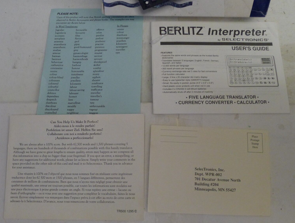 Berlitz Interpreter TR500 by Selectronics dated 1990 +Manuals & Box - TESTED
