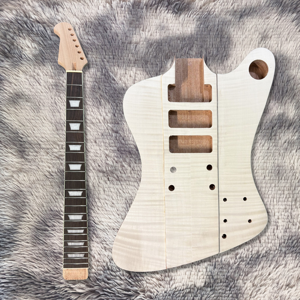 DIY 6 String Fire Bird Electric Guitar Kit Unfinish SSS Flamed Maple Top CR Part