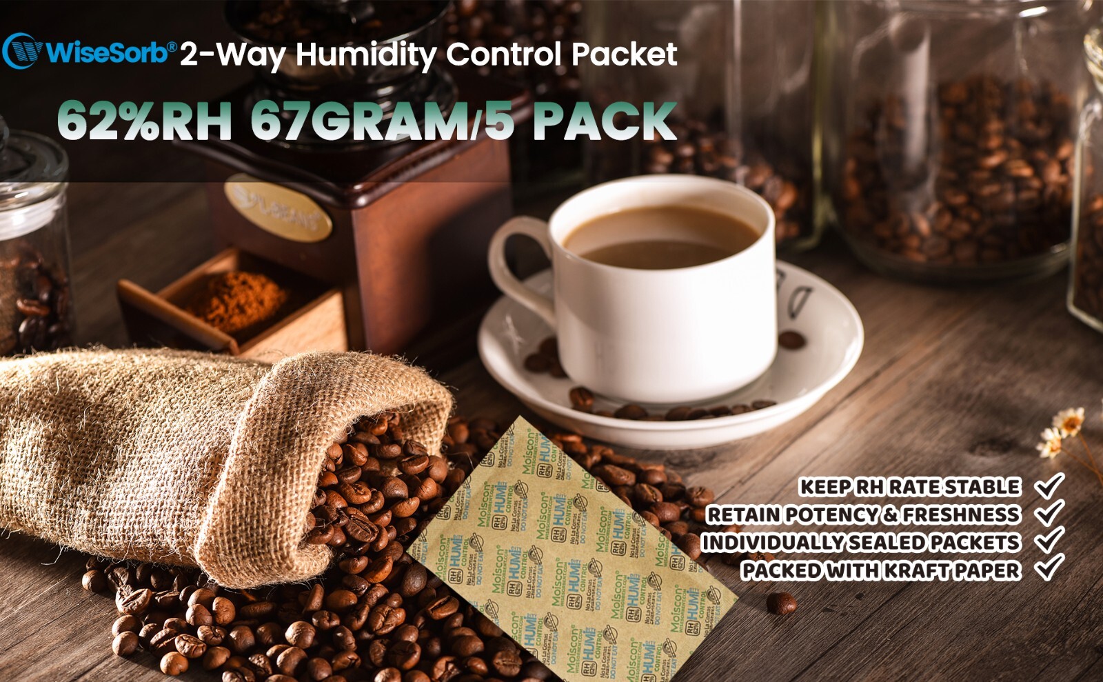 62% RH 67 Gram 2-Way Humidity Control Packs for Storing 1lb Individually Wrapped