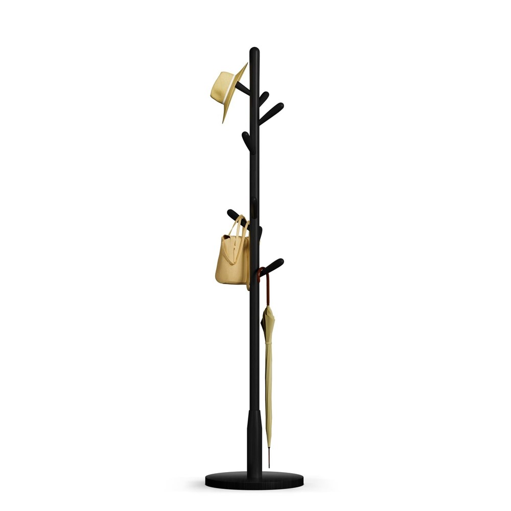 Solid Wood Round Base Coat Rack, Free Standing Hall Coat Tree with 8 Hooks（+2...