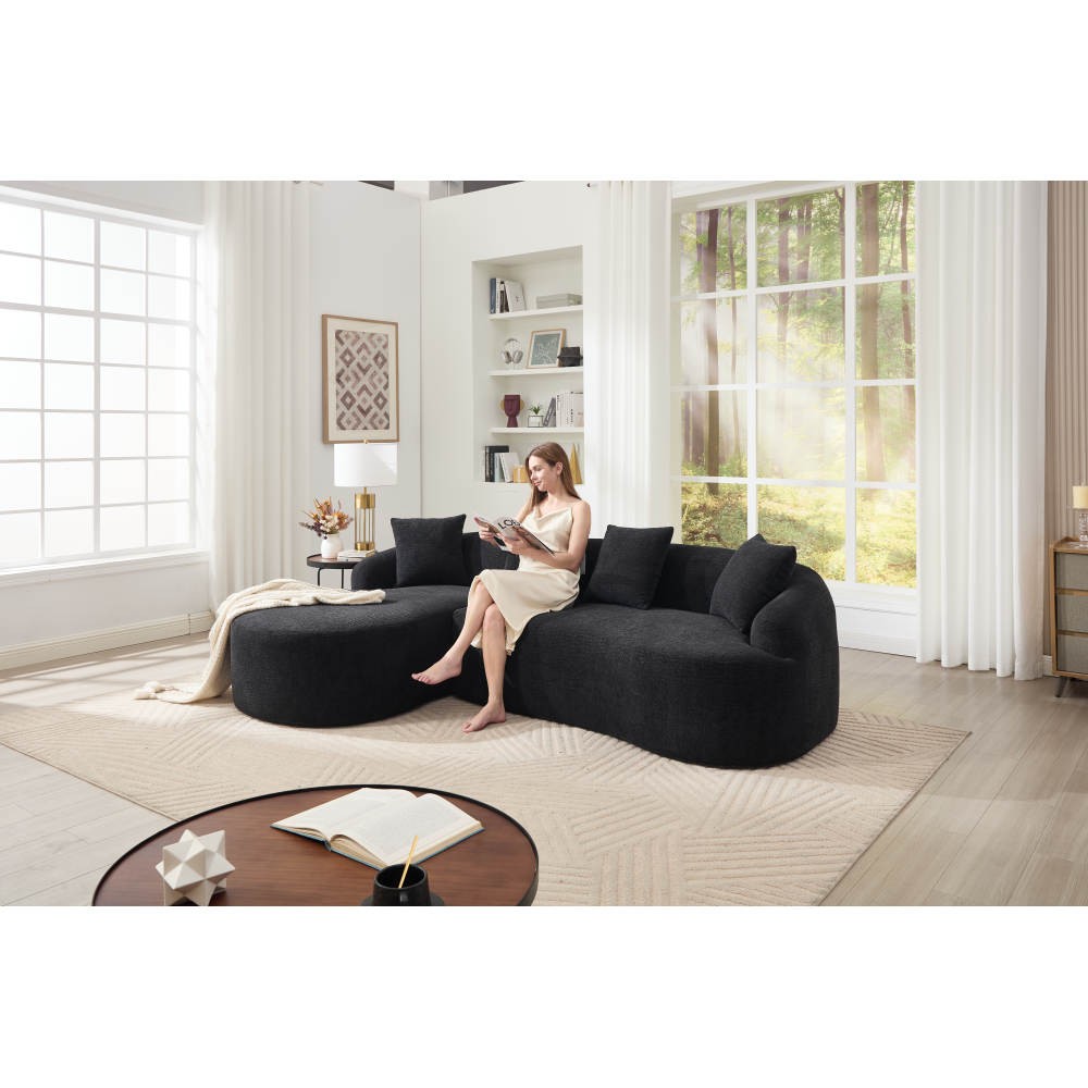 L-Shape Sectional Sofa w/ Chaise, Black Chenille Modular Couch, 30D Foam