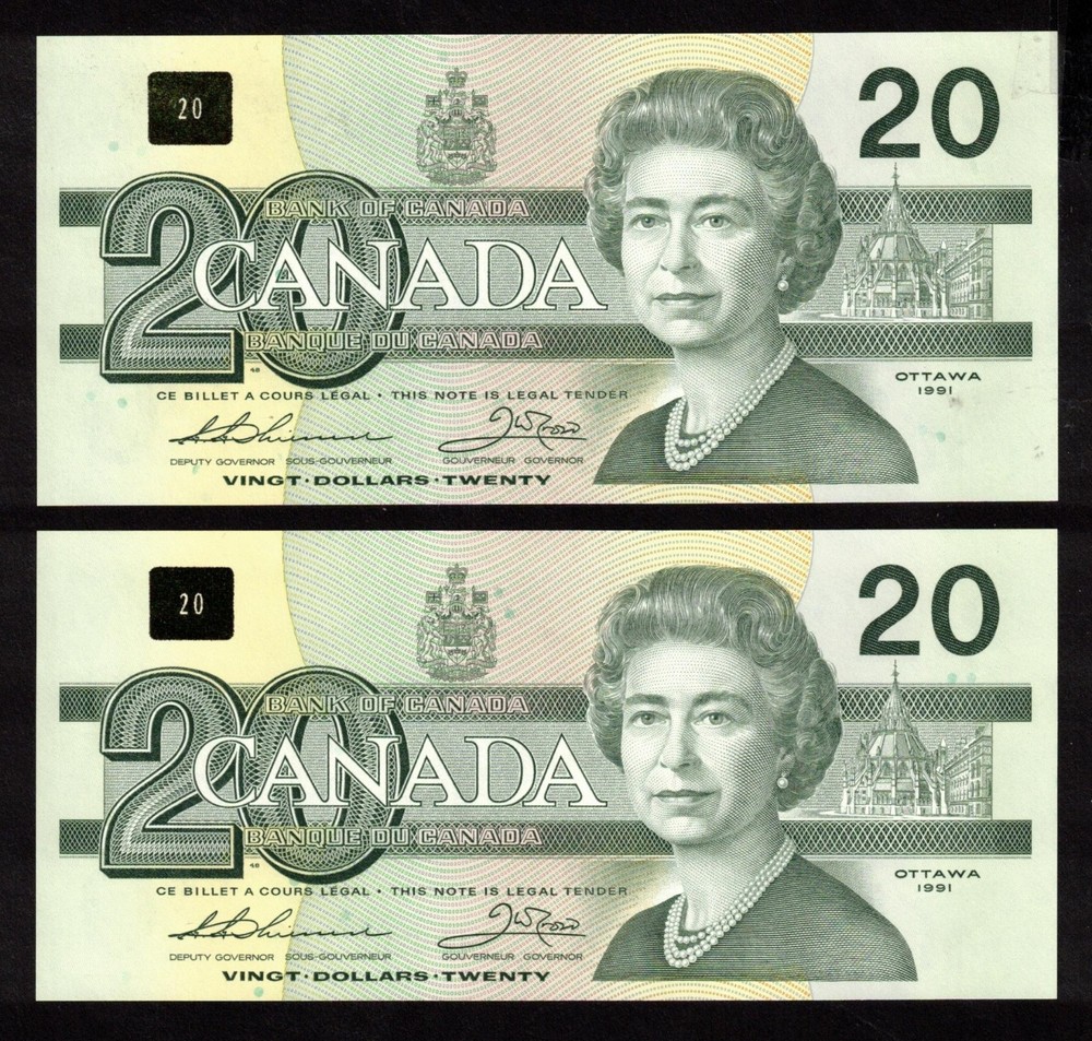 1991 Canada $20 consecutive 5-notes Theissen Crow EID4309737-41 CH UNC