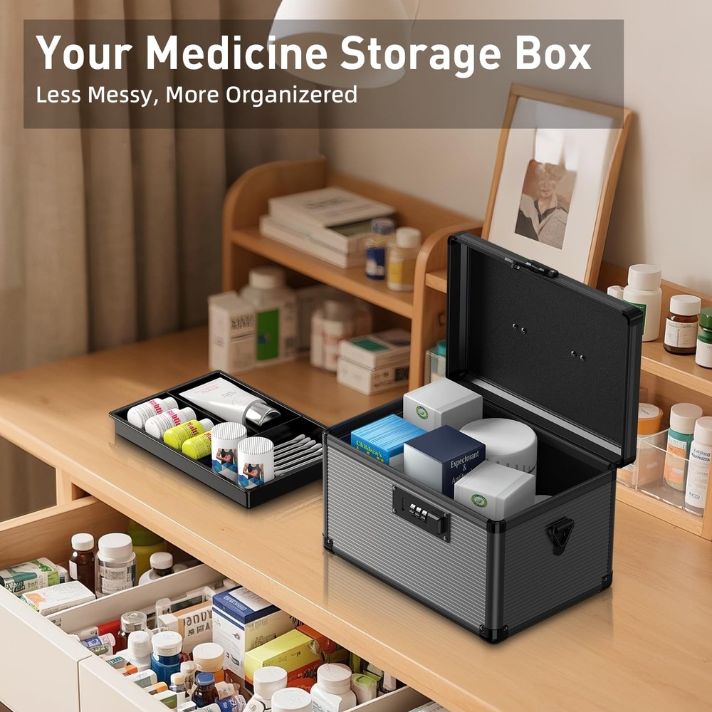 Medicine Lock Box with Code, Lock Box with Removable Tray, Portable First Aid...