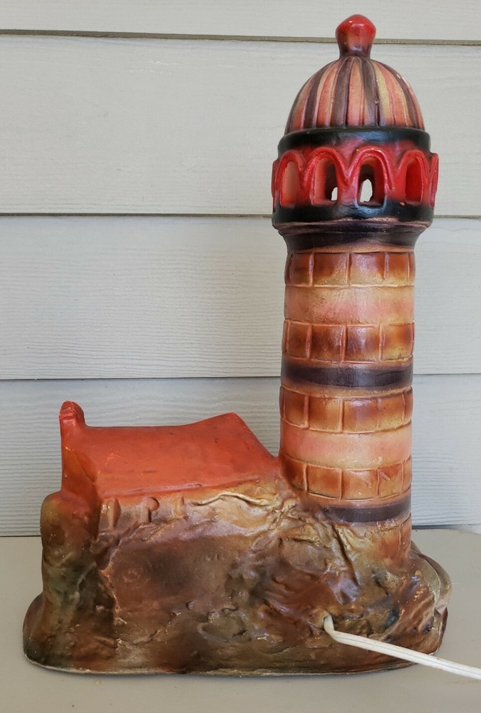 Vintage Chalk Chalkware Lighthouse Lamp Nautical UNTESTED