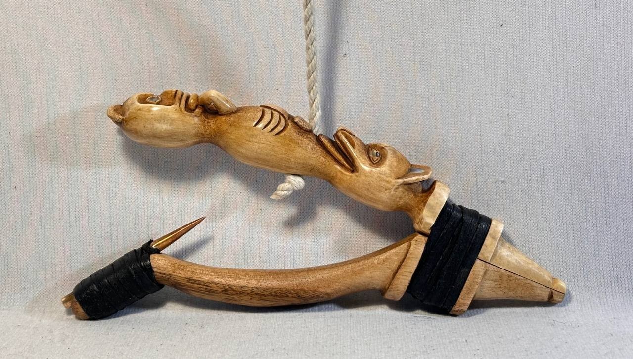 Wolf and Beaver Totem Halibut Hook, Shell Inlay, Northwest Coast Design