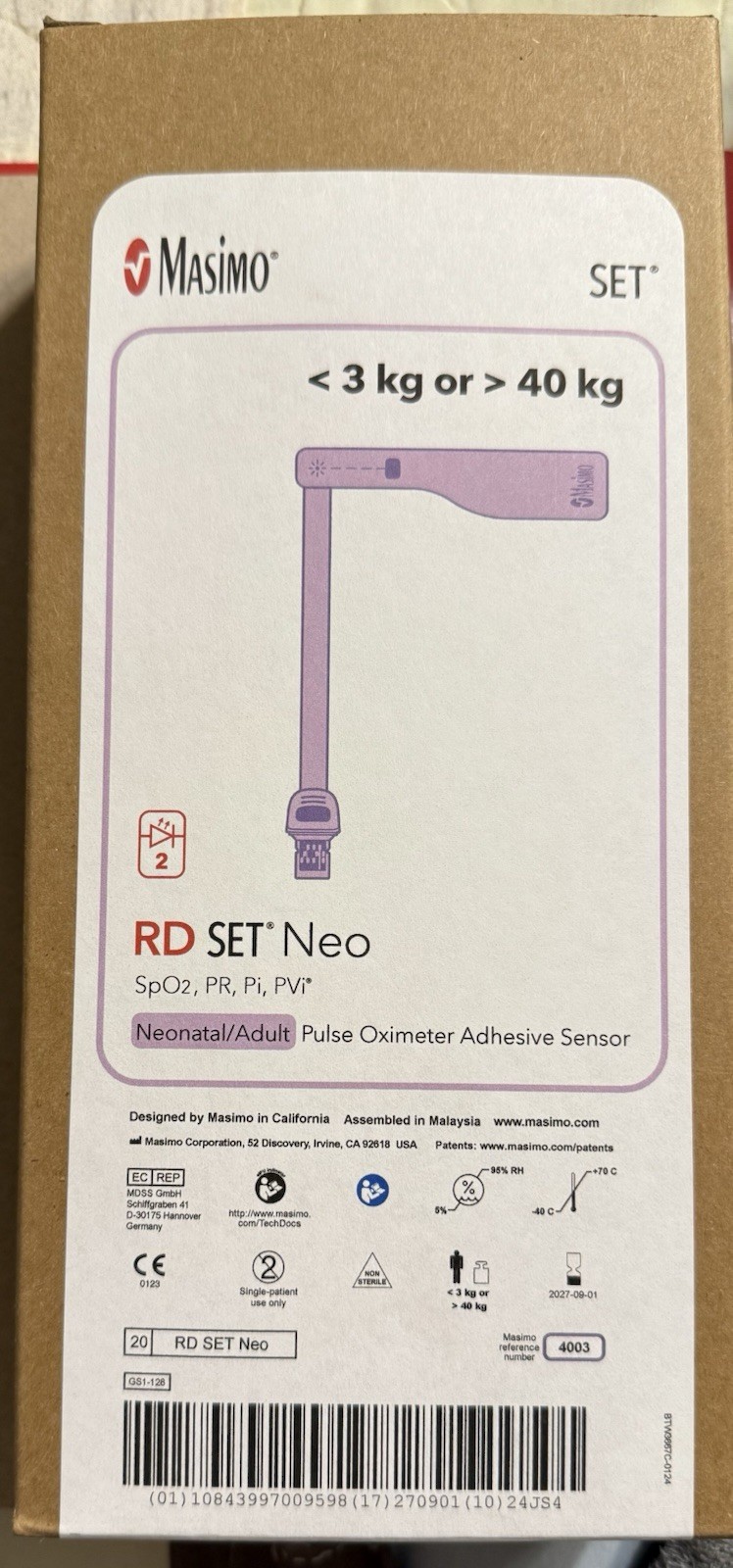 Masimo RD Set Neo Pulse Oximeter Adhesive Sensor 3kg 40kg Box Of 20 REF 4003