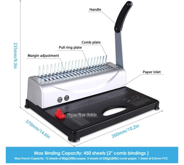 21-Hole Comb Binding Machine –450 Sheets Capacity with Spines for Letter, A4, A5