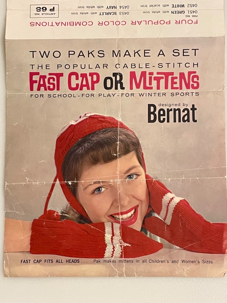 Vintage Bernat Cable Stitch Fast Cap or Mittens Knitting Pattern Instructions