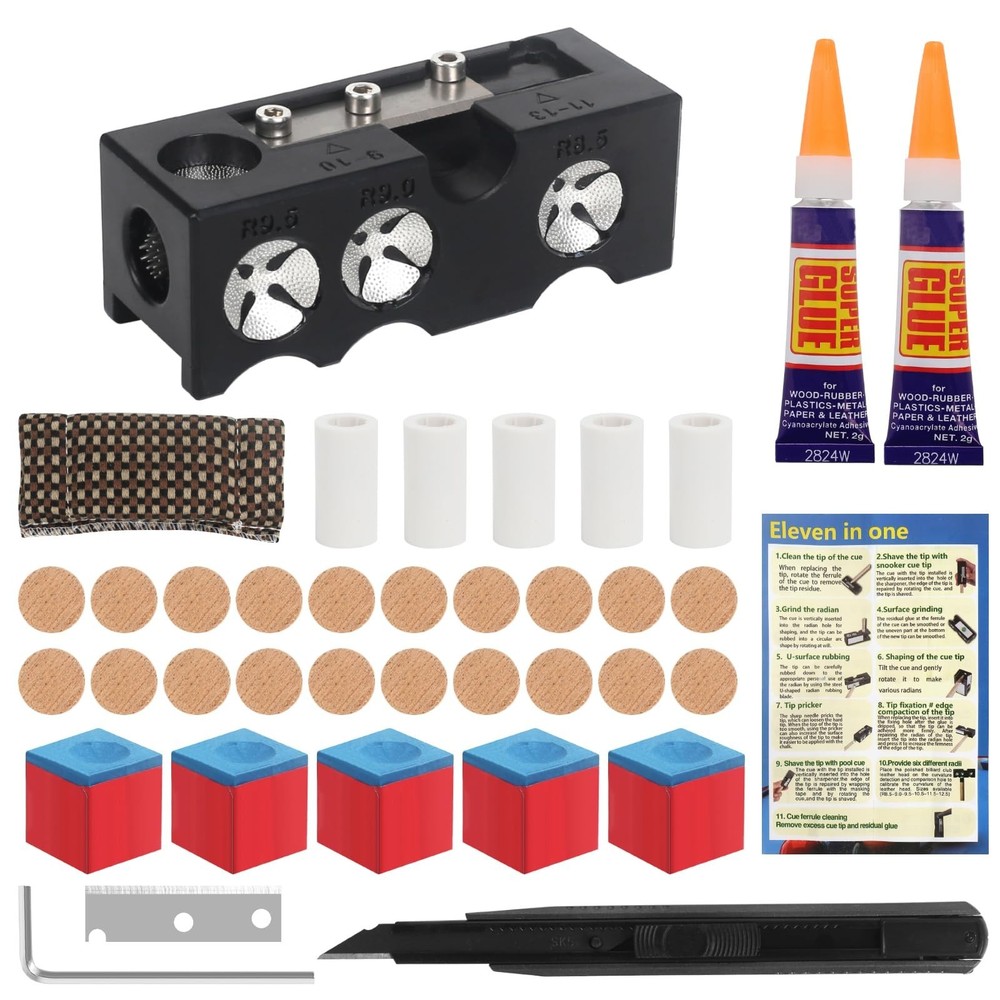 11-in-1 Pool Cue Tip Replacement Kit - 20 Tips, 5 Chalks & Repair Tool Set
