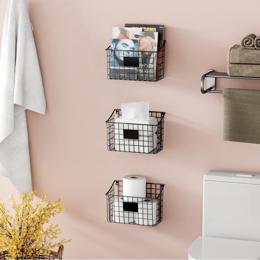 3-Pack Wall Mount Basket with Hooks & Label Plate for Kitchen & Bathroom