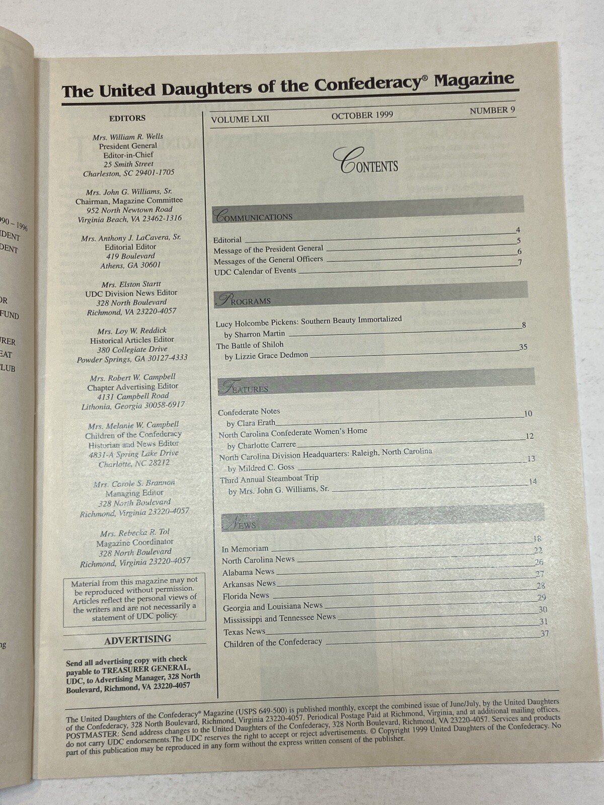 UDC United Daughters of the Confederacy Magazine Oct 1999 NC Womens Home Pickens