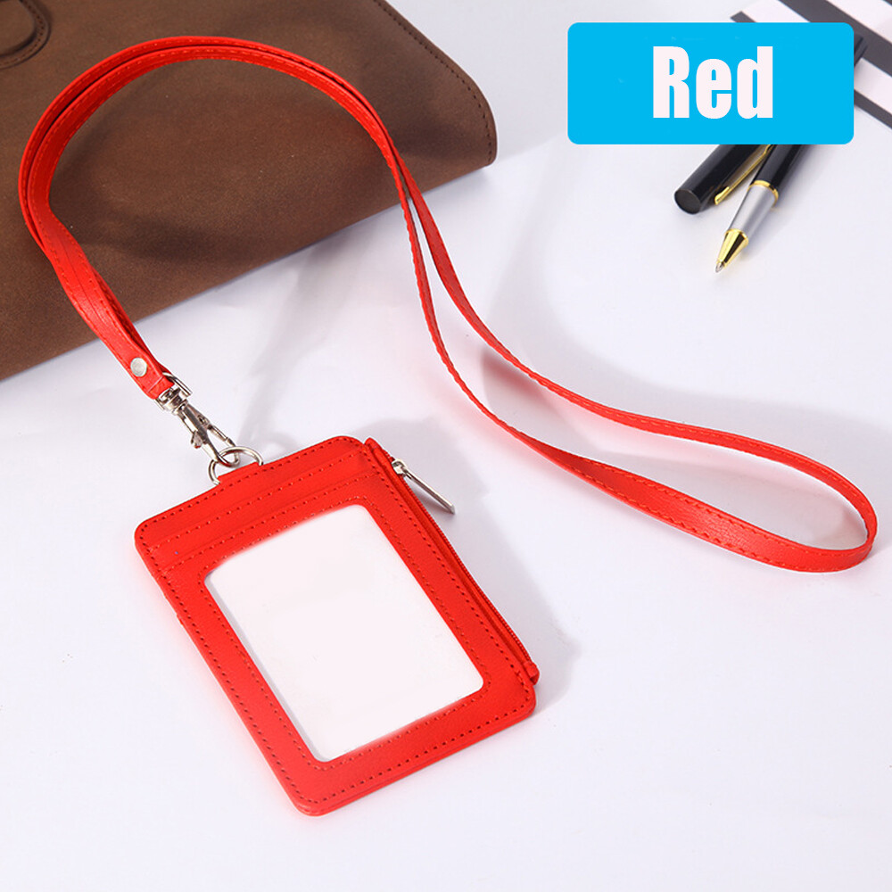Vertical Leather ID Card Holder Badge Wallet Pocket W/6 Slot Neck Strap Lanyard