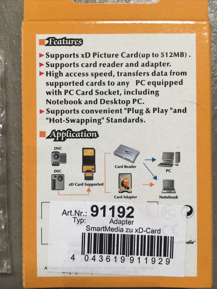 SmartMedia Adapter for xD Cards, Win & Mac, Plug & Play