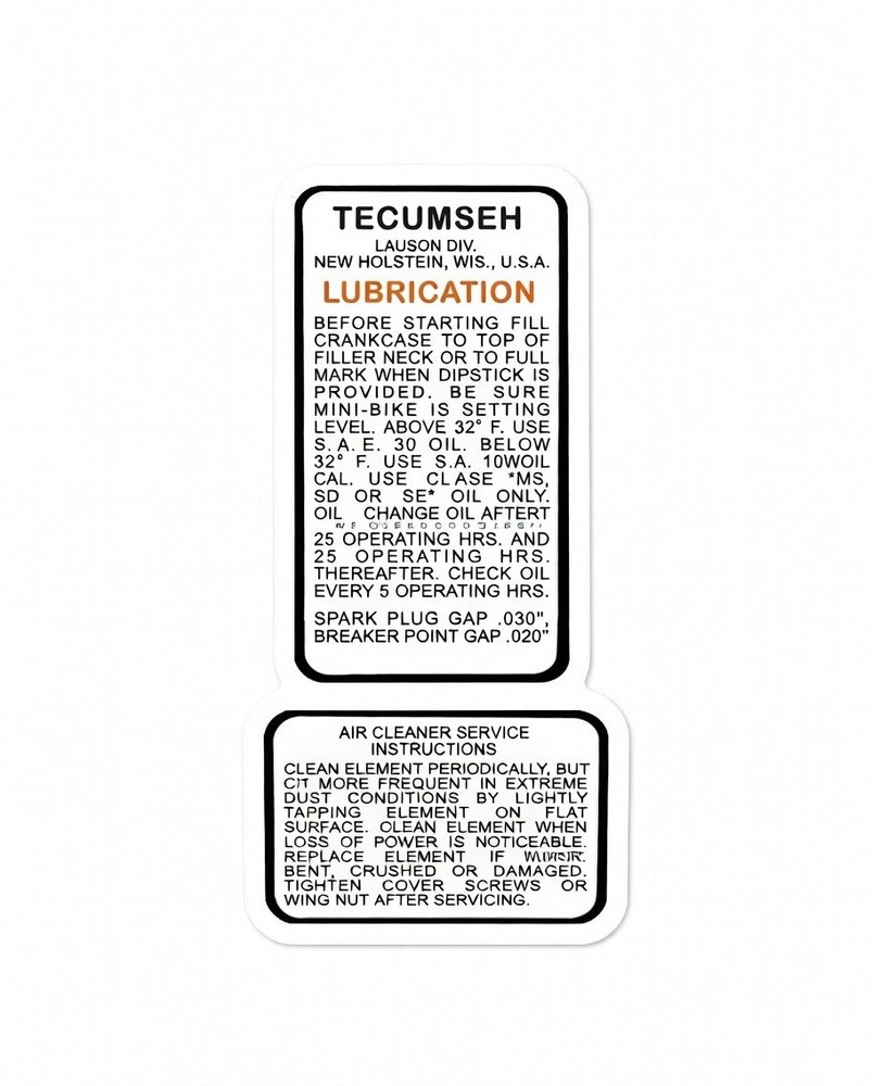 MINI-BIKE Specific TECUMSEH ENGINE SERVICE Sticker Decal