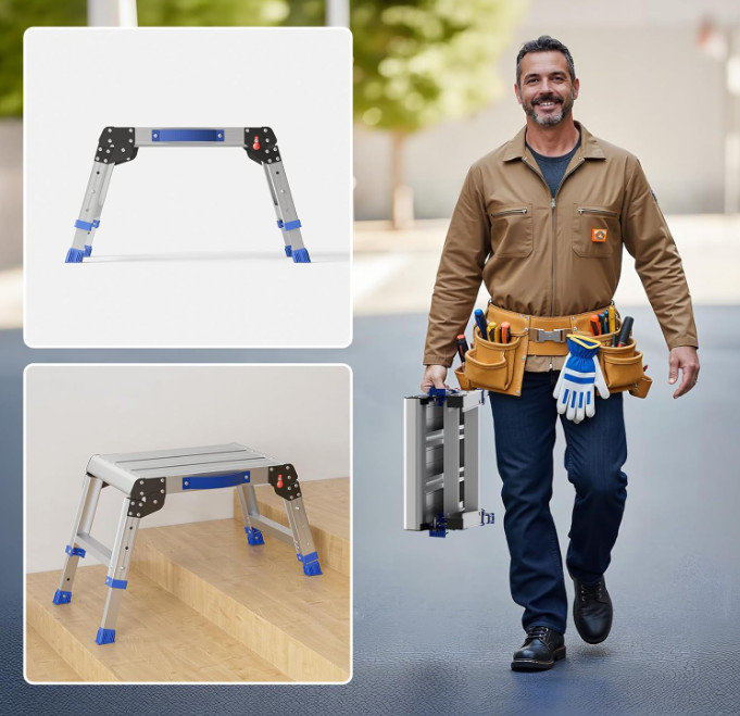 Folding Aluminum Step Stool, Adjustable Height Work Platform, 440 lb Capacity