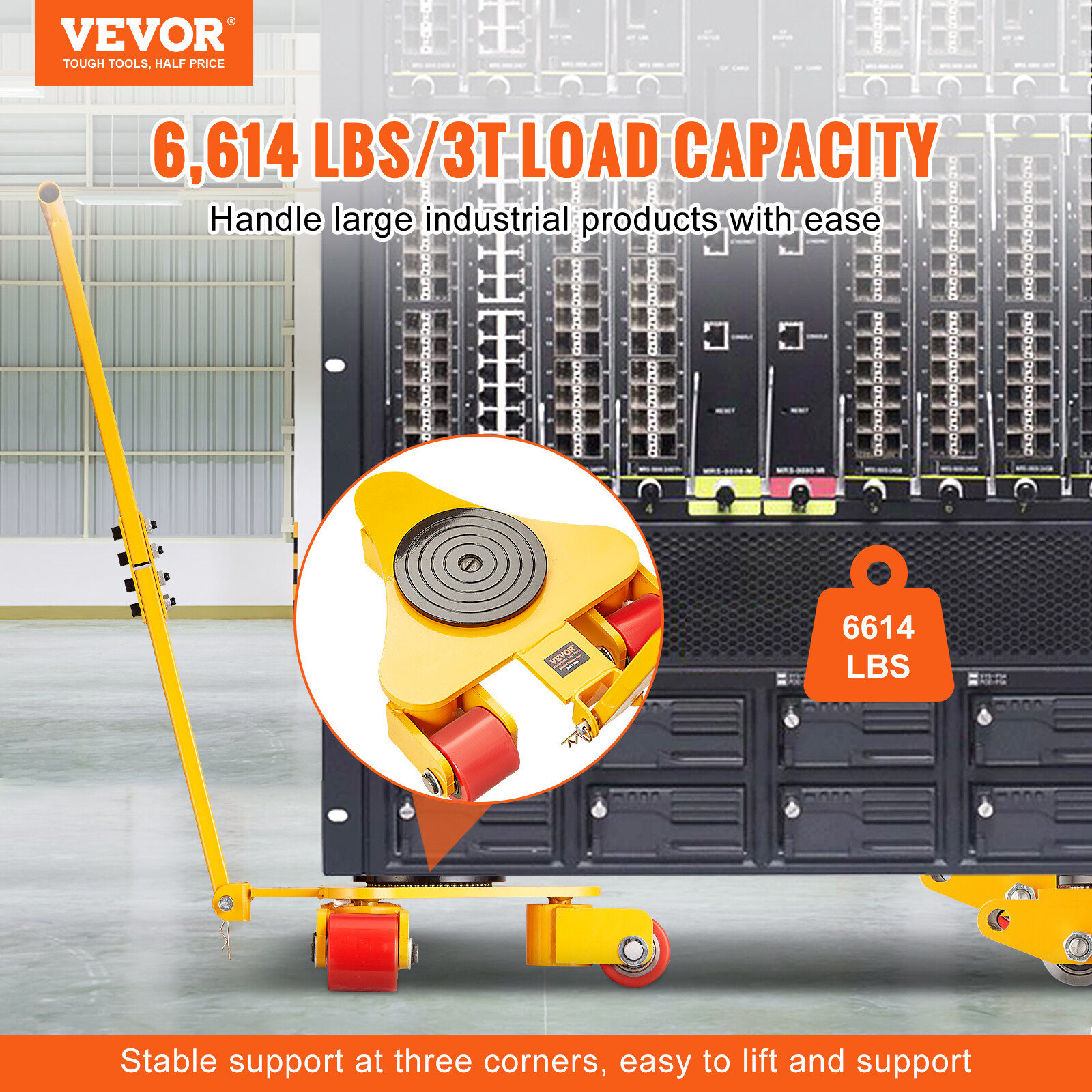 VEVOR Machinery Skate Dolly Mover with Handle 6614LBS/3T 360° Swivel PU Wheels