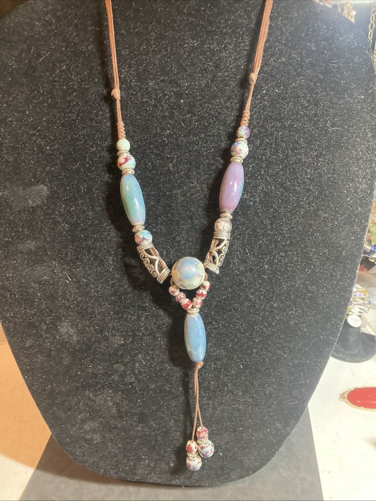 Blue Ceramic Beaded Artisan Necklace 28” B146