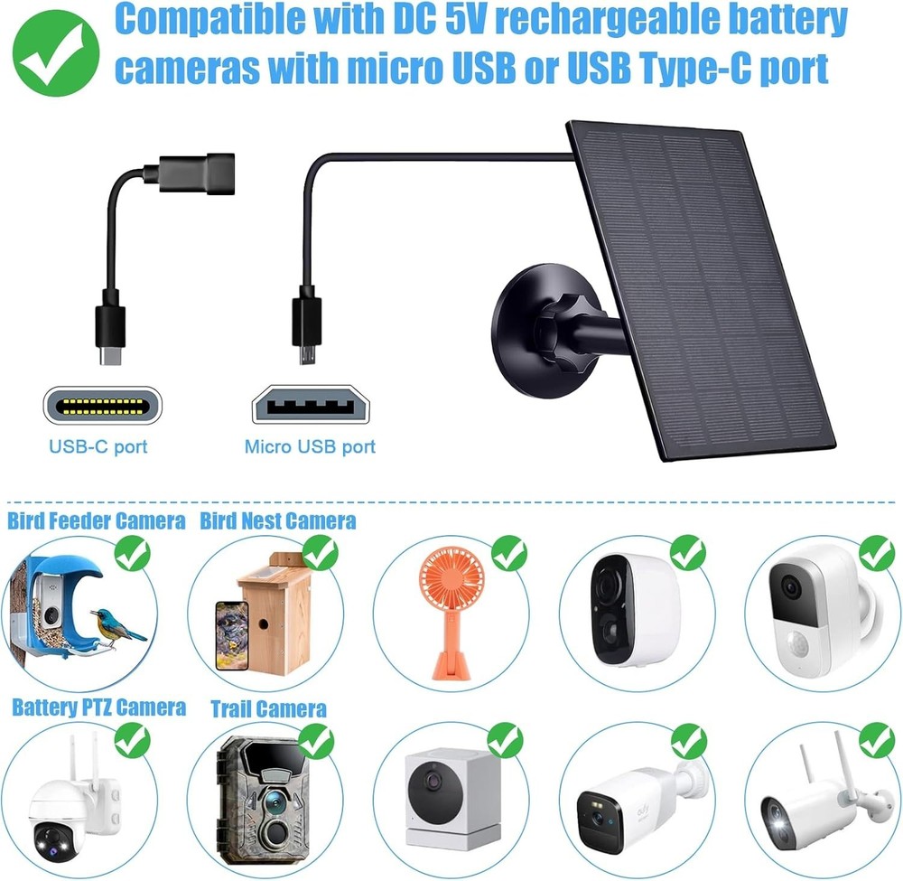 Solar Panel for Security Camera, 2 Pack 2W Solar Charger with Micro USB & USB-C