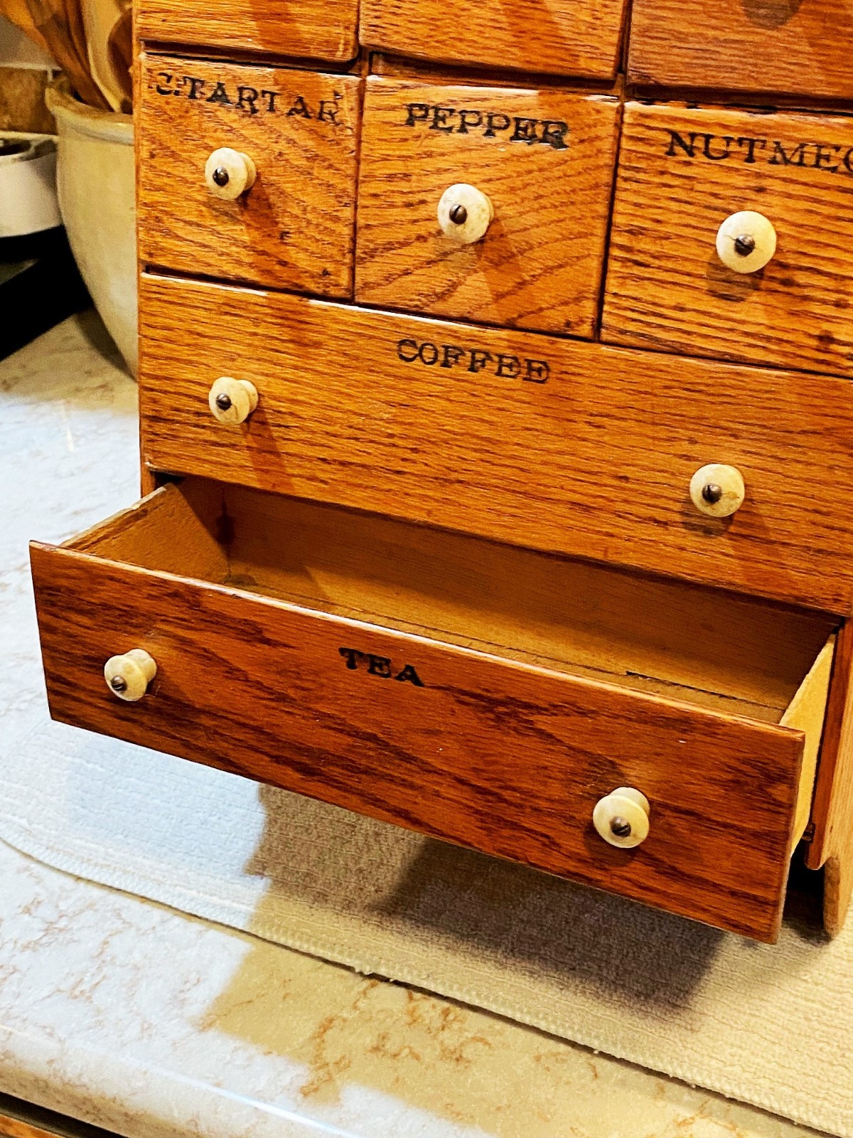 Antique OAK Wood Apothecary Spice Cabinet Primitive 11 Labeled Drawers 24" x 10"