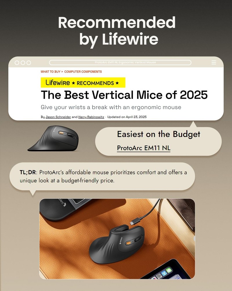 ProtoArc Ergonomic Mouse, EM11 NL Bluetooth Rechargeable Wireless Vertical Mo...