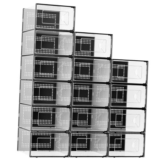 X-Large Shoe Storage Box Clear Plastic Stackable Shoe Organizer 15 Pack Black