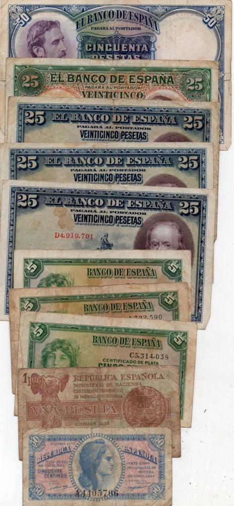 SPAIN LOT 1O NOTES. 6 DIFF TYPES. SAME IN SCAN. BARGAIN. 6RW 20GEN