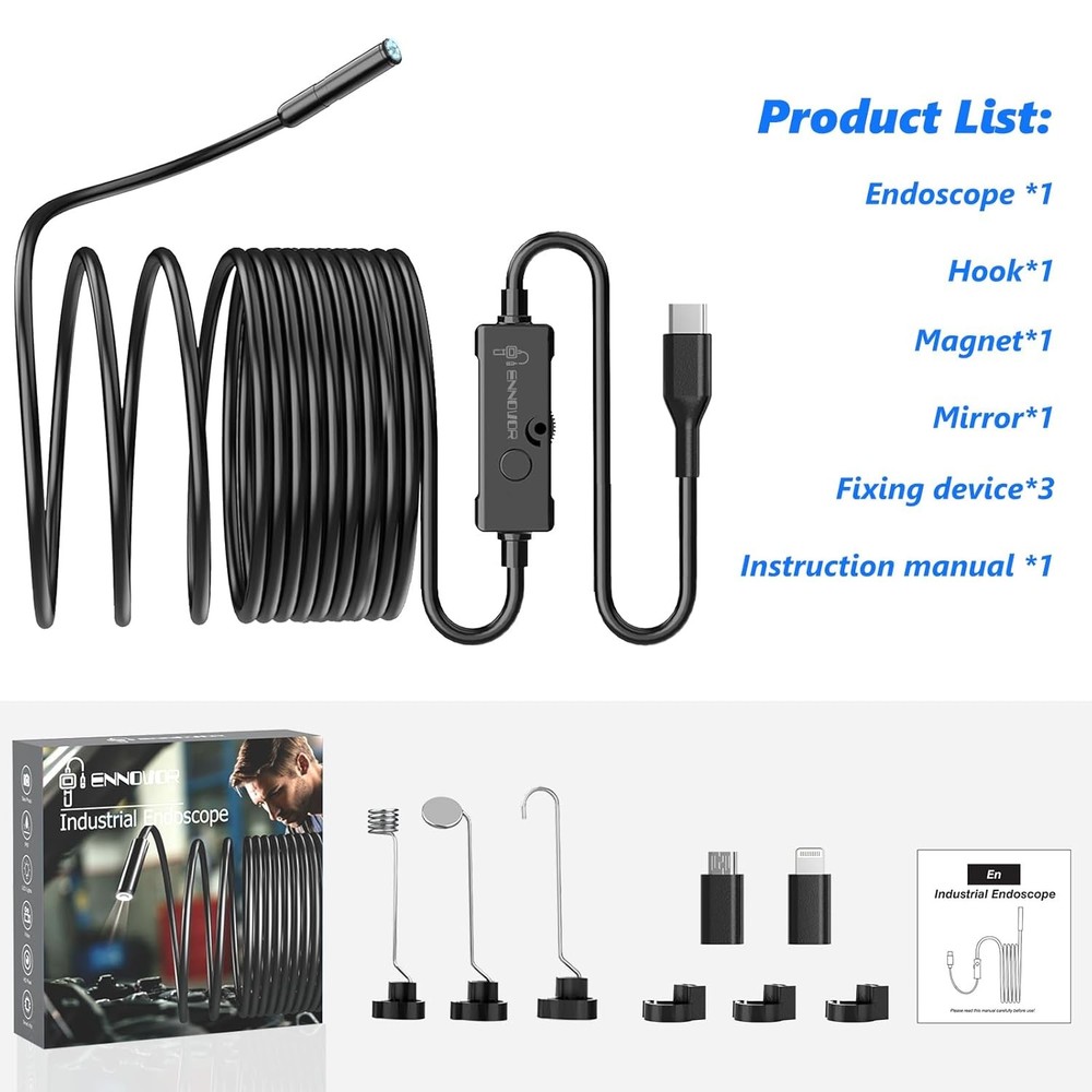 Endoscope Camera with Light, 1920P HD Borescope Camera for iOS and Android,5M