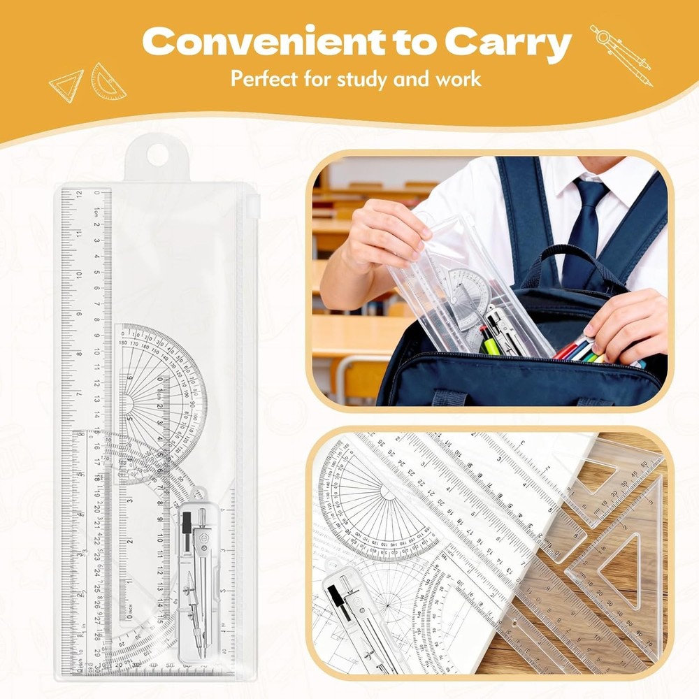 Geometry Set - 7Pcs Geometry Kit with Clear Plastic Ruler 12Inch & 6Inch,