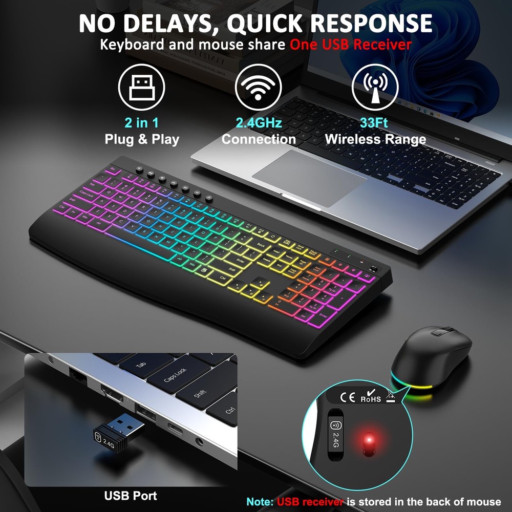 Wireless Keyboard and Mouse Combo, 9 Backlit Effects, Rechargeable 4000mAh Ba...