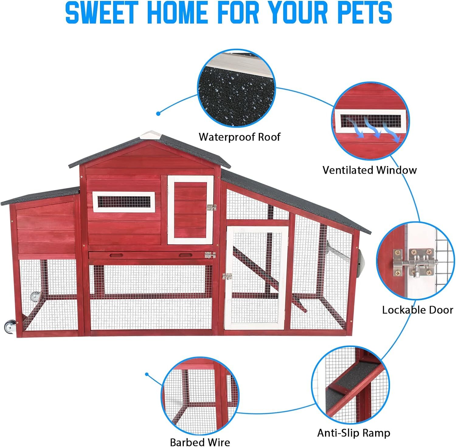 PetsCosset Chicken Coop Wooden Backyard Hen House with Run Nesting Box & Trays
