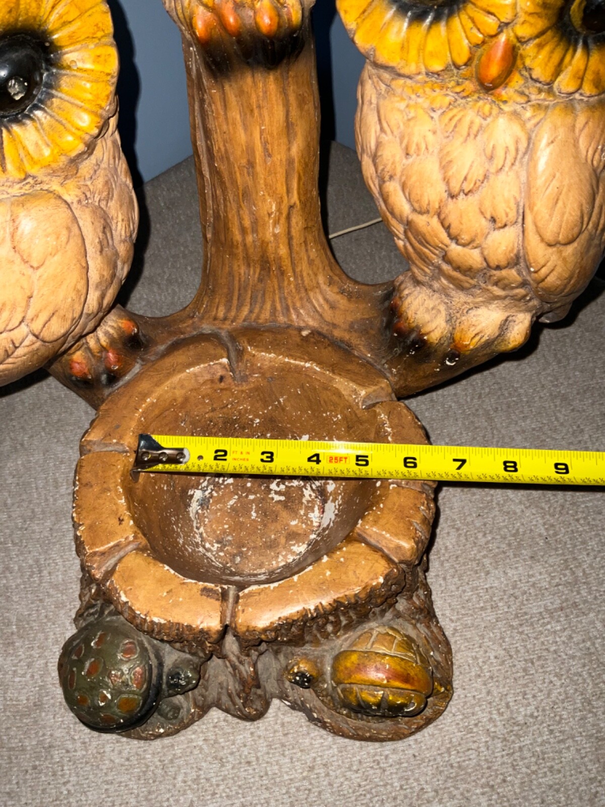 Old Vintage three Owls cabin Table Lamp 2’ tall with ashtray chalkware working