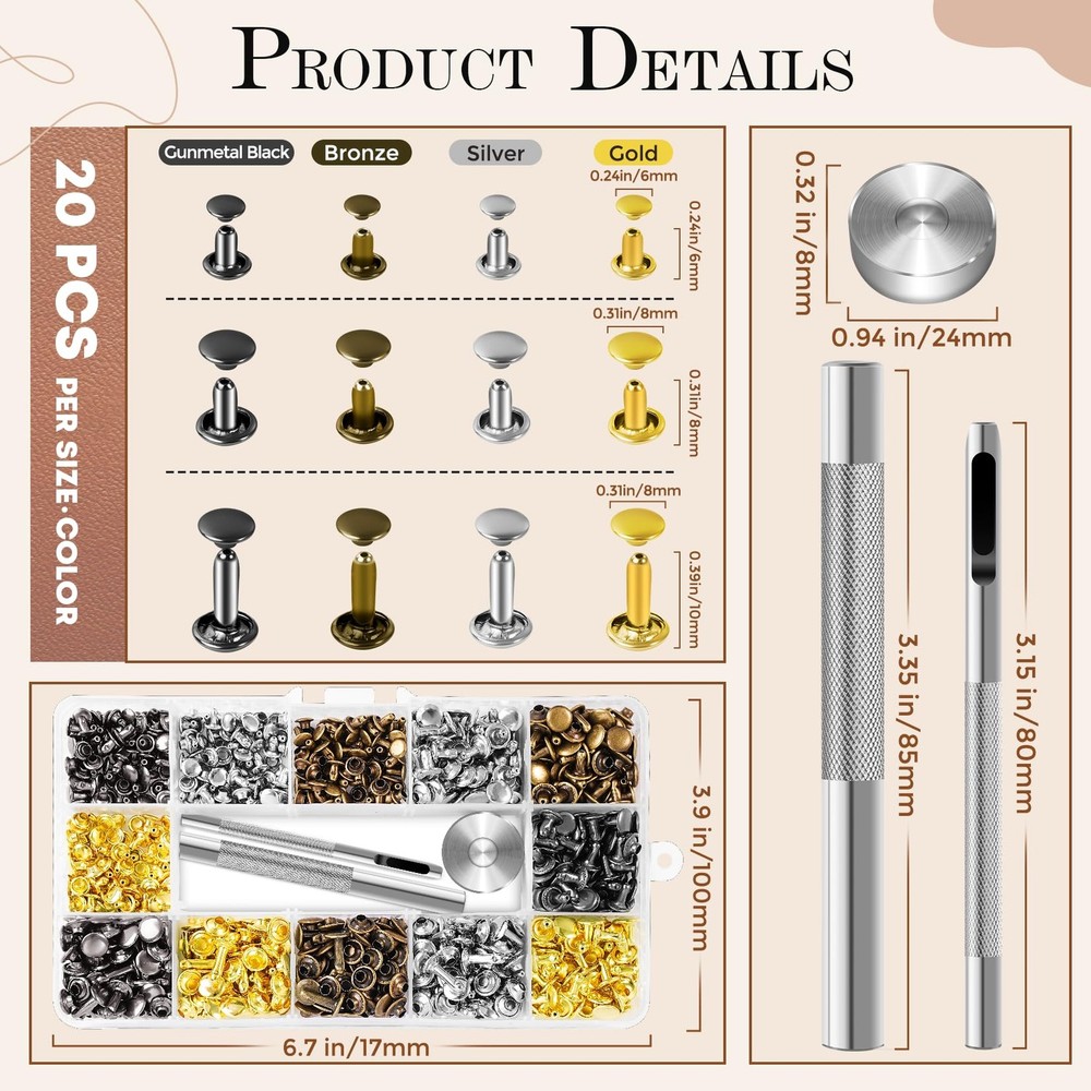 240 Sets Leather Rivets Kit, Double Cap Brass Rivets Leather Studs with 3PCS ...