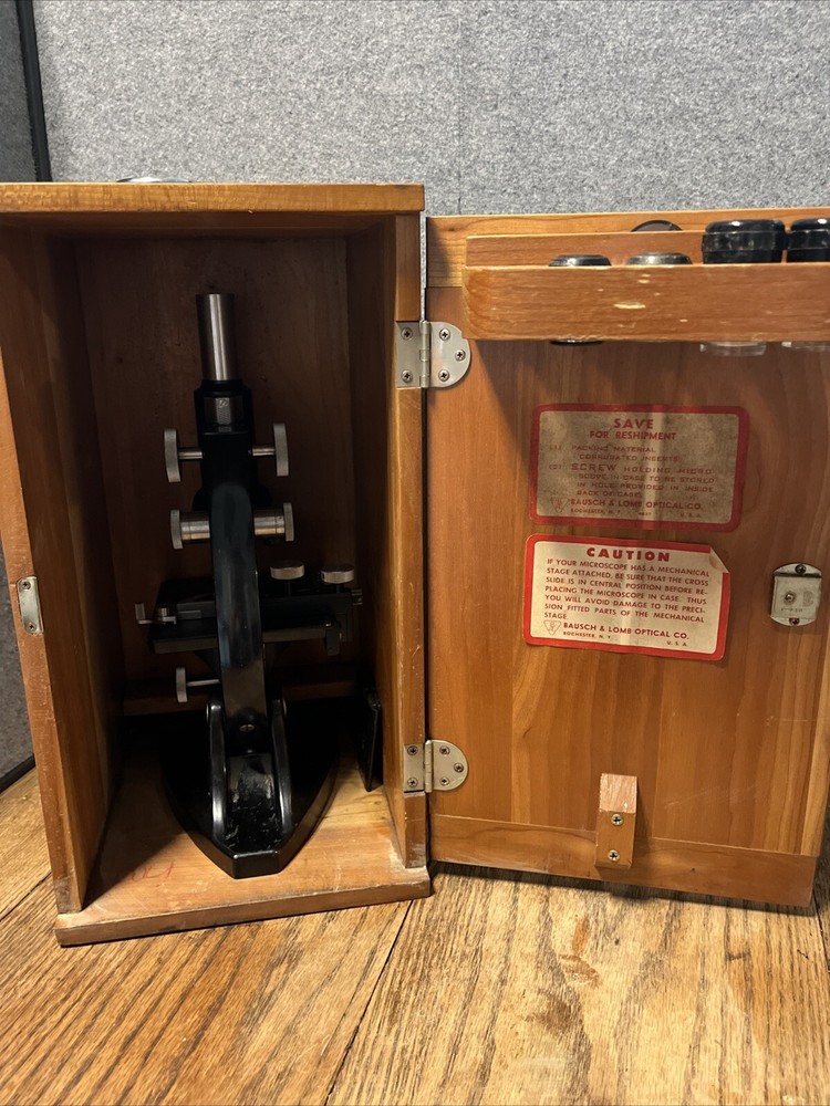 Antique Bausch & Lomb Microscope With Box Slides Substage Illuminator + More
