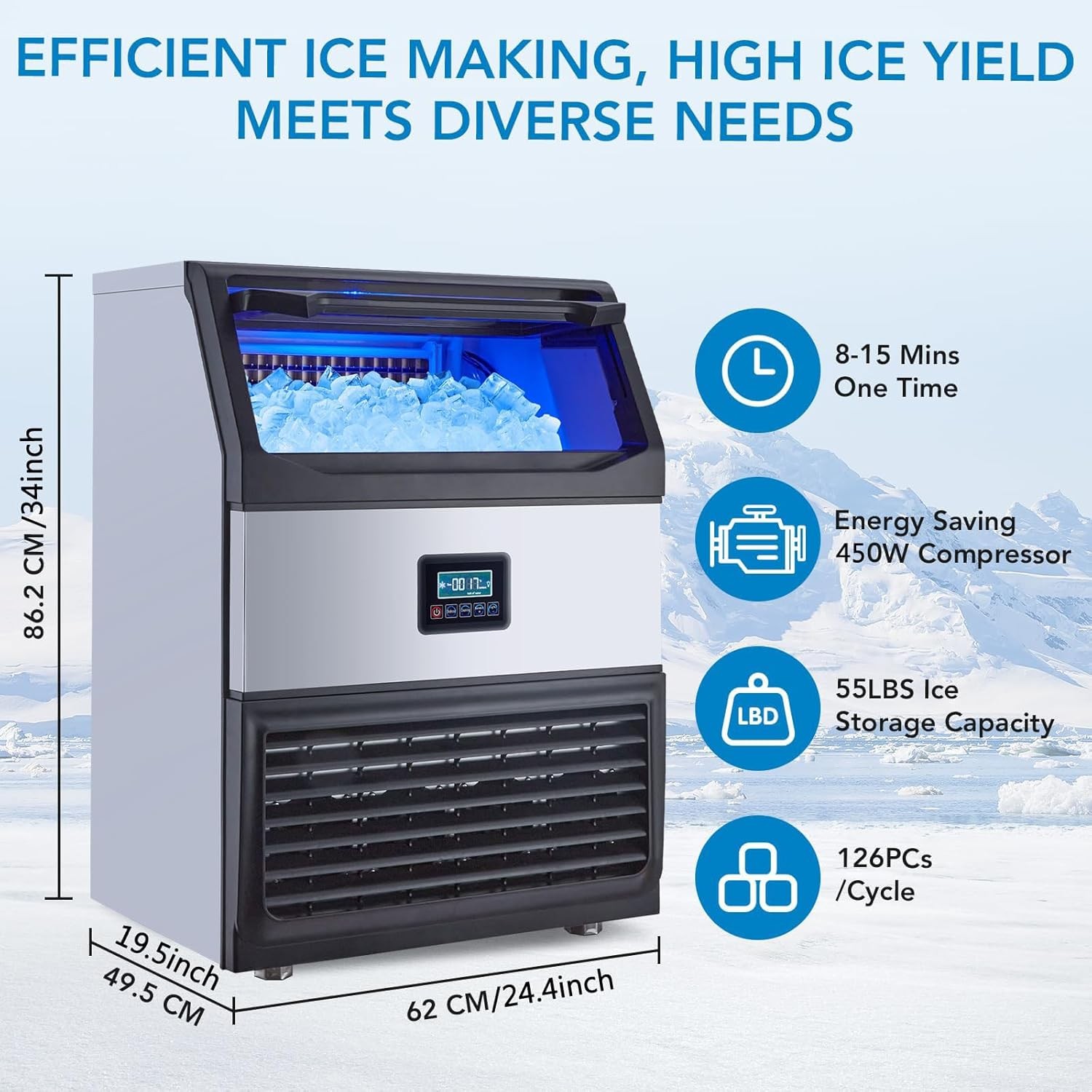 Commercial Ice Maker Machine 265lbs/24H Built-in Ice Maker 55lbs Storage 450W