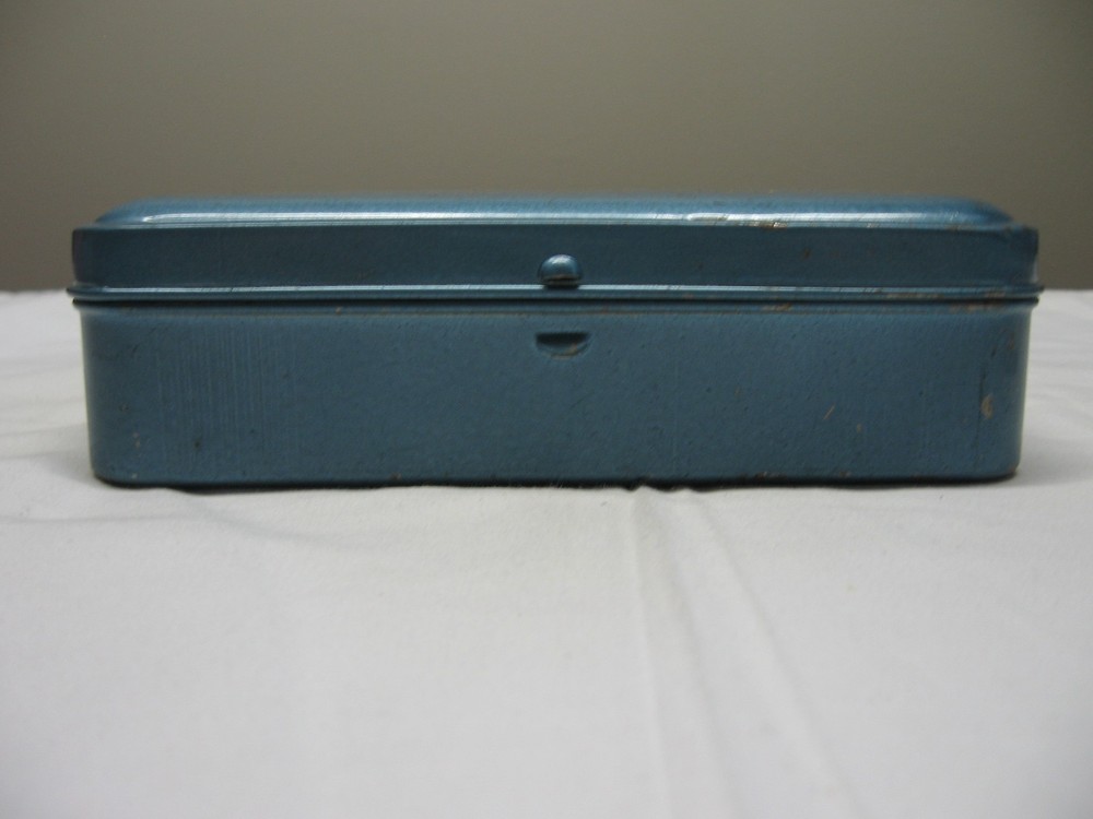Vintage Empty Sewing Machine Accessories Tin Hinged Lid Box Blue