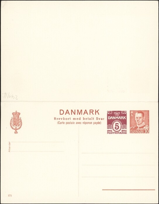 DENMARK, 1952. Paid Reply Post Card H&G 208, Mint