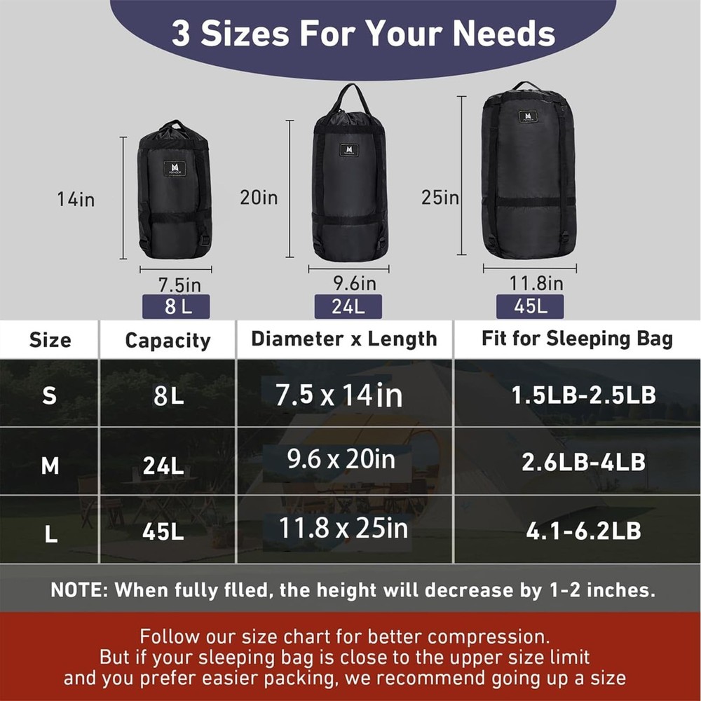 Compression Sack,8L/24L/45L Compression Stuff Sack,Water Resistant Sleeping B...