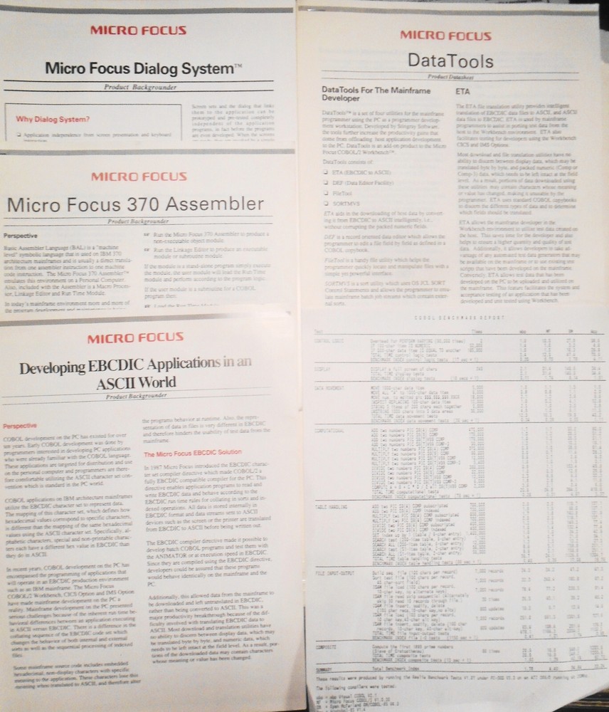 Micro Focus COBOL - 4 Brochures, 1989: Dialog System, 370 Assembler, Data Tools